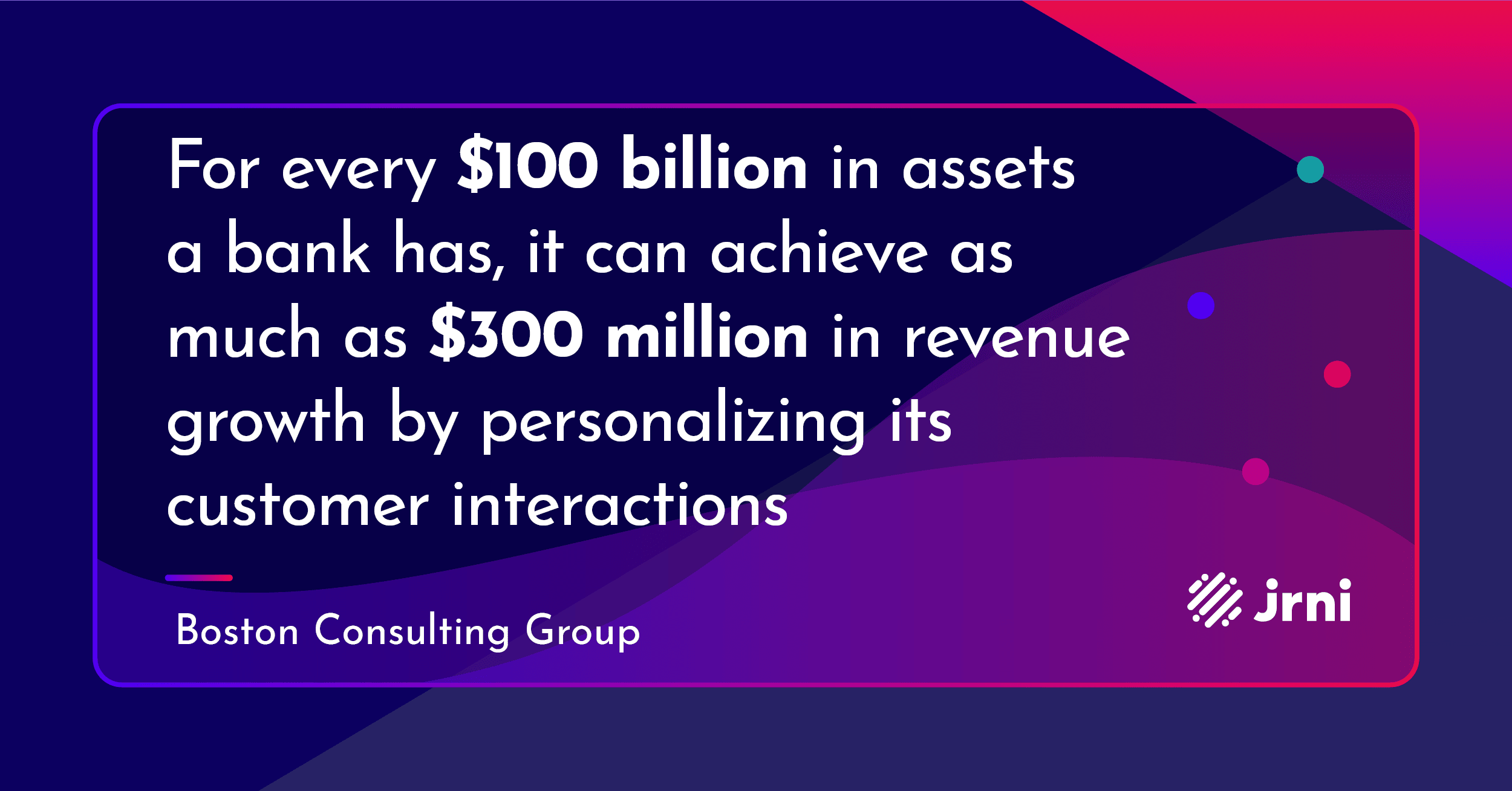 According to Boston Consulting Group, “For every $100 billion in assets a bank has, it can achieve as much as $300 million in revenue growth by personalizing its customer interactions.”