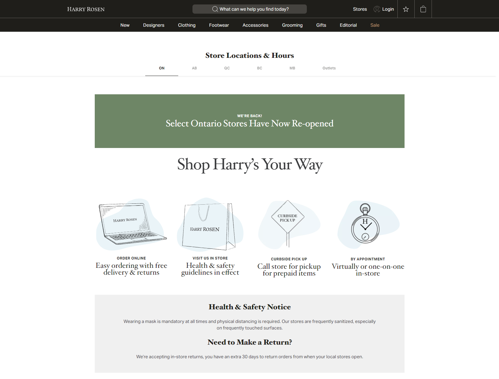 A screenshot of Harry Rosen's store locator page on their website: showing Harry by appointment as an option to schedule an appointment