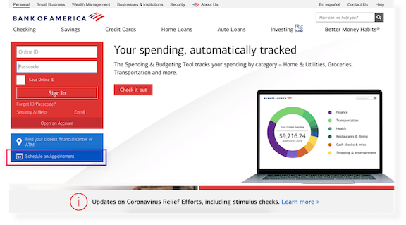 Bank of America homepage with Book an Appointment button
