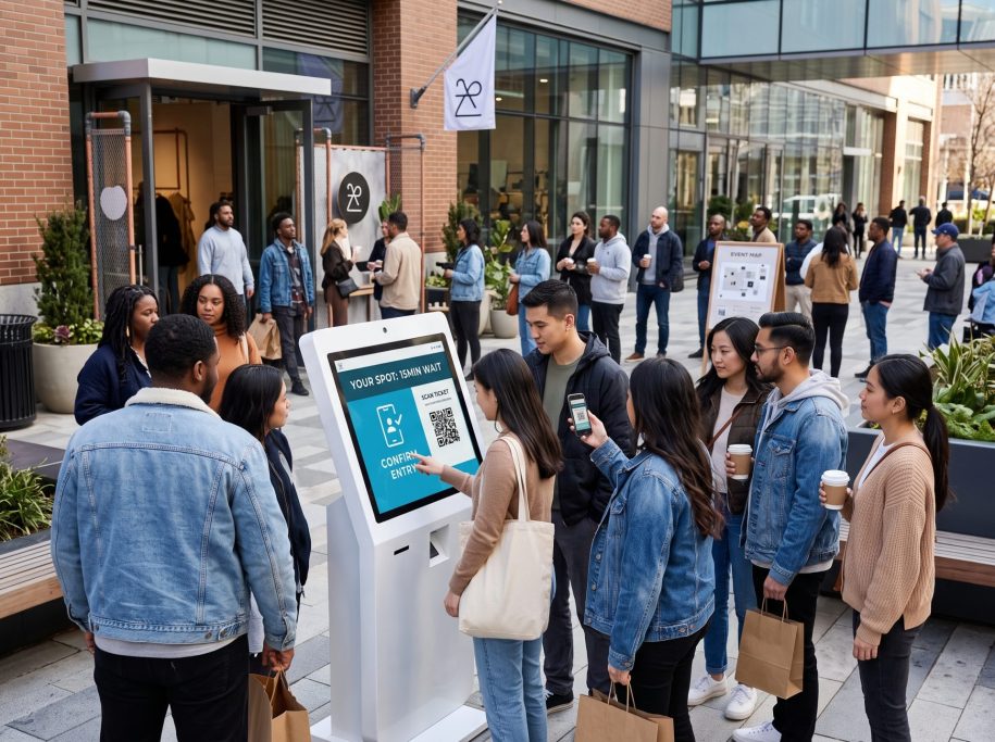 People wait in line and interact with a queueing kiosk