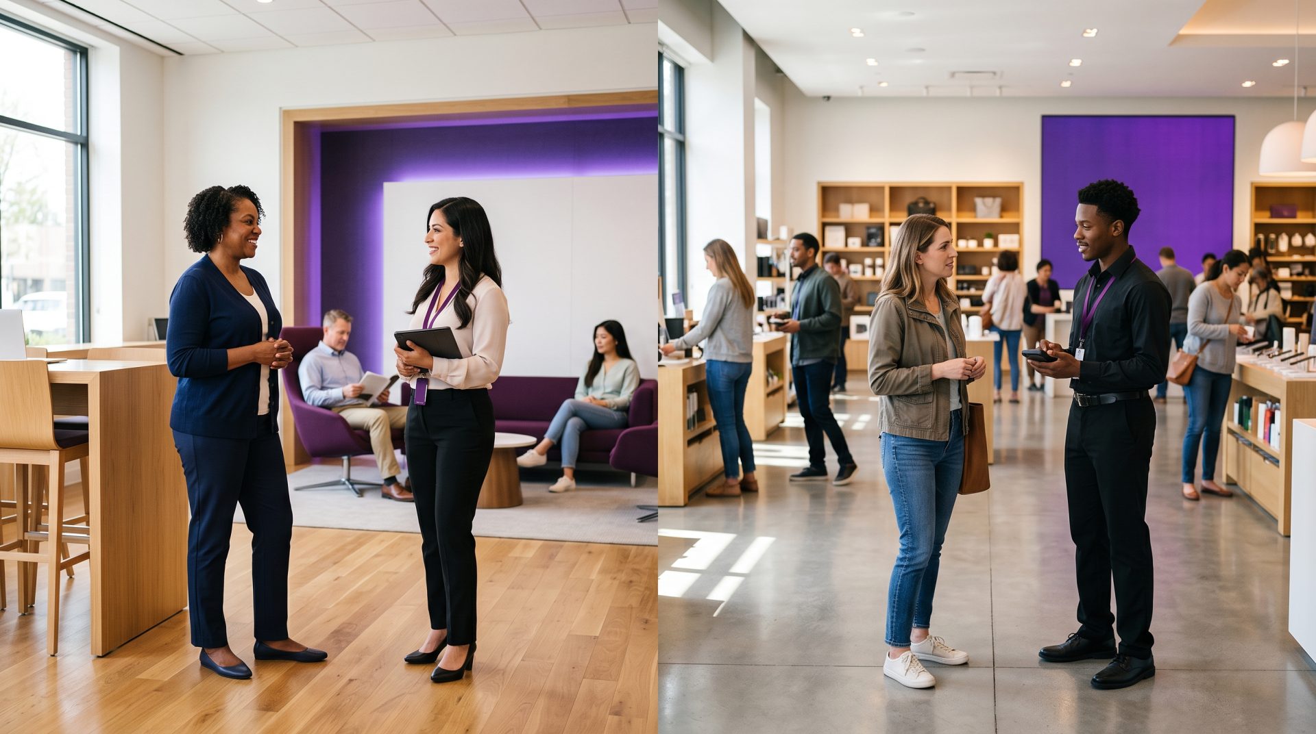Split scene of a banker with a tablet greeting a customer in a modern bank branch lounge and a store associate helping a shopper in a bright retail store, both with purple accents